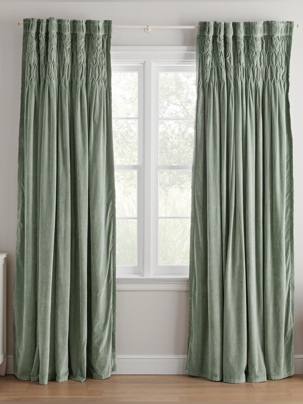 Pottery Barn Sage Green Smocked Velvet Blackout Curtain Set - Picture 6 of 6